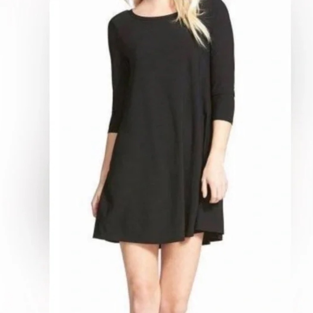 Leith‎ little black swing crepe dress Sz M stretch pull over 3/4 sleeves